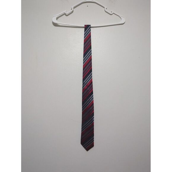 Geoffrey‎ Beene Mens Handmade 100% Silk Tie Red Silver Black Striped Necktie - Picture 1 of 5
